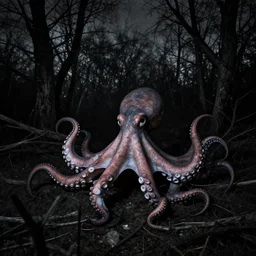 tape damage land octopus hidden in darkness, dead trees, noire