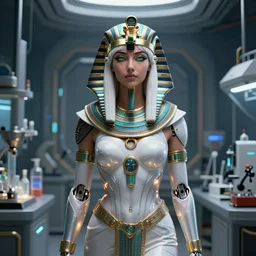 perfect white haired attractive egyptian goddess, warframe armor, pharaoh headdress, beautiful, symmetric, dreamy, half asian, pretty face, green eyes, charlize theron, detailed, scifi platform, laboratory, experiment, 4 k, ultra realistic, epic lighting, android body, illuminated, cinematic, masterpiece, art by akihito tsukushi, voidstar
