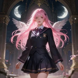 out of town college girl, magic school uniform with pink hair, with little wings, fantasy building, sorceress, the moons in the background, dark light night, intricate, elegant, sharp focus, lens flare, bloom, rim light, illustration, highly detailed, digital painting, concept art, matte, art by wlop and artgerm and greg rutkowski and alphonse mucha, masterpiece