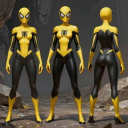 3 d model full body character turnaround of a woman in an orb weaver spider inspired costume standing in a rock quarry, character sheet, matte painting, spiderman!!, spiderwoman!!, john singer sargent, good value control, highly detailed portrait, character turnaround, digital painting, concept art, sharp focus, smooth, illustration, yellow and black color scheme,