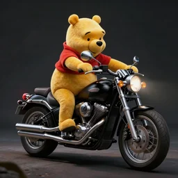 Photo of Winnie the Pooh as a biker on top of a motorcycle, ultra realistic, HD, scary, deep shadows