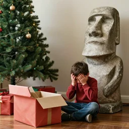 a kid at christmas disappointed and crying looking a giant moai statue, his hands buried in his face, sitting down | inside of a house next to a christmas tree, large opened present box next to the moai