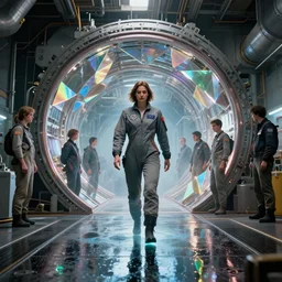 woman in flight suit, large hadron collider, dimensional portal, teleportation, wet reflections, prism, atmospheric, ambient, pj crook, syd mead, livia prima, artgerm, greg rutkowski, nick alm, casey baugh