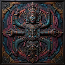 simple totem to the machine god, symmetrical, small details, coherent, hyper detailed, complex, layered very far shot, ominous lighting, colorful