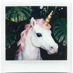 grainy head to shoulder portrait Polaroid film photograph of a unicorn in a tropical greenhouse. super resolution. surreal. Extremely detailed. Polaroid 600 film. by Annie Leibovitz and Richard Avedon