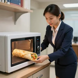 secretary heating a burrito in the office staff room microwave, digital art, highly detailed, epic composition