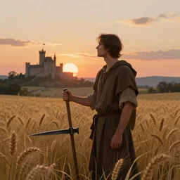 fantasy portrait of a wistful stoic serf looking at the sunset with a scythe standing in a field of tall wheat on beautiful summer evening, a medieval castle on a hill in the background, trending on artstation, digital illustration ( by brad rigney ) ( by greg rutkowski ) ( by artur treffner )