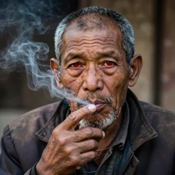 a old man, red eyes, in smoking, looking on the camera