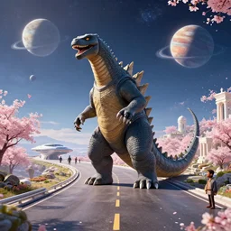 kaiju monster on a luxurious greek road on interstellar solar system with nearby planets seen from the distance, advanced highway, star trek style, by peter mohrbacher, jeremy mann, greg rutkowski, android james, ross tran, beautiful, award winning scenery, 8 k quality, clean details, serene, sakura season, octane render