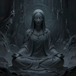 a portrait of a mysterious being meditating, enclosed dark damp liminal post apocalyptic space, artstation, unreal engine, concept art, illustration, intricate details, surrealism, by rutkowski and beksinski and russ mills