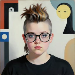 a chubby young goth girl an asymmetrical ombre mohawk wearing oversized euro glasses and a black tshirt. high key, anaglyph lighting, detailed character design, melancholic complex flat geometric minimalism by oskar schlemmer, moebius, nagel, john berkey, oil on canvas, portrait facial head, featured on artstation, hd wallpaper, anime art nouveau cosmic display