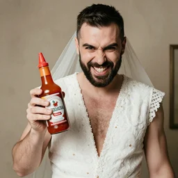 man with short beard grinning sinisterly in a wedding dress holding a bottle of sriracha