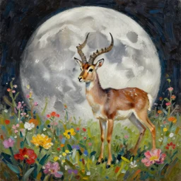 highly detailed painting of antelopes in a flower garden on the moon by william turner, thick brush strokes and visible paint layers, 4 k resolution