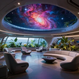 ultra modern concept design of a vast spaceship interior, futuristic chairs and sofas can be seen in the foreground, a large colorful nebula can be seen from a window, large plants in the background, in the style of Guardians of the Galaxy and Blade Runner, wide angle shot, Leica Summicron-T 23 mm f/2 C 3.0