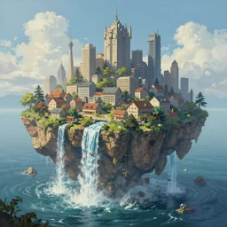 A beautiful painting of a city built on a island floating above the sea, waterfalls fall from the island into the sea, video game concept art, scifi, rural dystopian, UE5