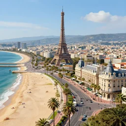 the beautiful city of paris rebuilt near the pacific ocean in sunny california, amazing weather, sandy beach, palm trees, splendid haussmann architecture, digital painting, highly detailed, intricate, concept art, matte painting, trending on artstation, octane render, 8 k, unreal engine