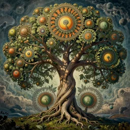 divine chaos engine by roger dean and andrew ferez, tree of life, symbolist, visionary, art forms of nature by ernst haeckel, art nouveau, botanical fractal structures, surreality, detailed, realistic