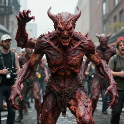green peace demonstrators but turned into evil meat - lusting demons. live - action movie still