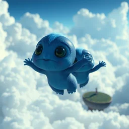 close up of cute blue shiny creatures flying through floating islands, extreme cloud formations, uncanny, cinematic lighting, thomas cole, still from inside out, octane render, ray tracing, volumetric lighting, 4 k