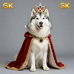 white alaskan husky dressed as a queen, 8k, hd, royal photography, studio lighting