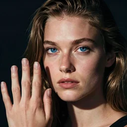 Kodak Portra 400, 8K, highly detailed, britt marling style 3/4 extreme closeup portrait of a extremely beautiful girl with blue eyes and light brown hair, four fingers maximum, high light on the left, non-illuminated backdrop, illuminated by a dramatic light, dramatic , nina masic ,Flora Borsi, Alessio Albi, Steve Mccurry, Lee Jeffries , Norman Rockwell, Craig Mulins, dark background, high quality, photo-realistic, 8K