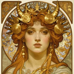 realistic detailed face portrait of a beautiful young Dragon Goddess by Alphonse Mucha, Greg Hildebrandt, and Mark Brooks, gilded details, spirals, Neo-Gothic, gothic, Art Nouveau, ornate medieval religious icon