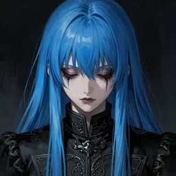 full face shot of rimuru tempest, sky blue straight hair, long bangs, closed eyes, wearing a fancy black jacket, high collar, ultra detailed, brush strokes, digital painting, cinematic, wlop artstation, closeup, pixiv, eerie, scary, overpowering, evil, yoshitaka amano, andy warhol,