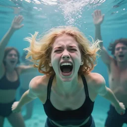 girl with blonde hair screaming underwater with group of people in the background waving distorted, high quality digital art, concept art, cinematic