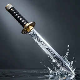 Full Katana with Water Blade made only out of flowing Water, the blade is made out of steel with a dragon sigil, white background, 40nm lens, made by Rzky Dar,