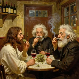 a close up painting of jesus christ, einstein, darwin, in an after small comfy cozy empty pub that is filled with wine, door and a window, they are all meeting on a tabletop, smoking weed and drinking wine, photorealism, hyperdetailed, volumetric lightening, octane render, award winning, by alphonse mucha