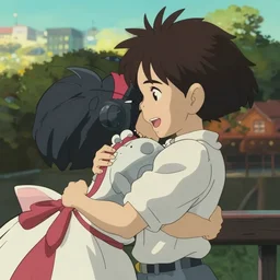 anime fine details portrait of joyful school girl hugging big robot, city landscape on the background deep bokeh, profile close-up view, anime masterpiece by Studio Ghibli. 8k, sharp high quality anime