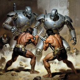 savages fighting robots by frank frazetta and simon bisley