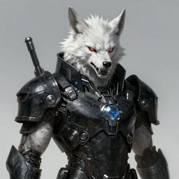 portrait of a cybernetic werewolf warrior with white fur and silver fangs wearing black power armor, cyberpunk concept art by josan gonzales and moebius and enki bilal and deathburger and dan mumford