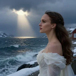 queen, norway fjord, natalie portman looking at waves, hudson river school, max rive, stormy seas, white royal dress, f 1 6, bokeh, gentle, female, snowy, storm clouds, god rays, close up portrait, d & d, fantasy, elegant, low key color palette, concept art, roger deakins and greg rutkowski and alphonse mucha