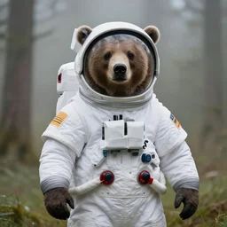 A still image of a bear in a astronaut suit in the woods foggy very detail 4K quality super realistic