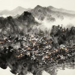 a city built into the mountains, foggy, dark, mysterious, inkwash painting, glowing lights, at night,