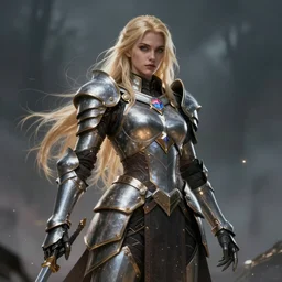 a heavily armored blonde woman, aura of magic around her, gloomy atmosphere, trending on artstation, hyper detailed