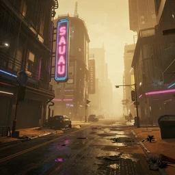 deserted cyberpunk style city street, fog, rain, neon sign, volumetric lighting, beautiful, golden hour, sharp focus, ultra detailed, cgsociety