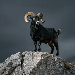 a spanish big horned male black goat in the peak of a granite mountain in avila, granite stones, cabra montesa, macho cabrio, 4 k, concept art, by wlop, ilya kuvshinov, artgerm, krenz cushart, greg rutkowski, pixiv. cinematic dramatic atmosphere, sharp focus, volumetric lighting, cinematic lighting, studio quality