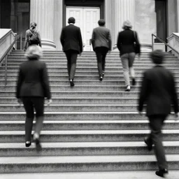 multiple people walking up a stair in a city by richard avedon. black and white. ilford delta. long exposure, motion blur.