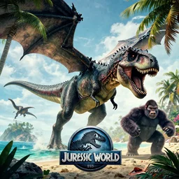 movie Poster, tropical Island, dragon, Tyrannosarus Rex, Action, from jurassic World (2015), from pacific rim (2013) from King kong (2005), cgsociety, ArtStation, by Frank frazetta, by drew struzan, by James gurney