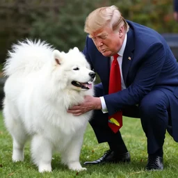 donald trump petting samoyed dog,