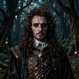 portrait of mournful, dangerous, mysterious James Frain's  Cromwell as a king of the fairy forrest. The background is a dark, creepy eastern europen forrest.  night, horroristic shadows, high contrasts, photorealistic, detailed, (((lumnious))), theatrical, character concept art by ruan jia, thomas kinkade, and J.Dickenson, trending on Pinterest