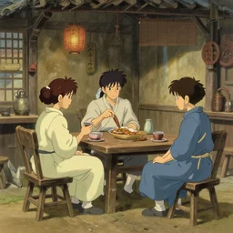 wuxia, tavern, relaxing, in the style of studio ghibli, j. c. leyendecker, greg rutkowski, artem