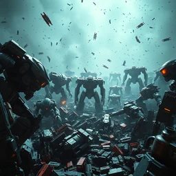battle of the robots, scattered scrap robots, chaos, extreme detail, alejandro burdiso style art, enaissance, dynamic lighting, bright light, cinematic, vibrant, clean, ultra detailed, sharp, digital detailed environment, octane render, cgsociety, 8 k hdr, artstation