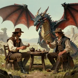 Tea ceremony between Wyatt Earp and Drogon the dragon, fantasy concept art by Mark Winters