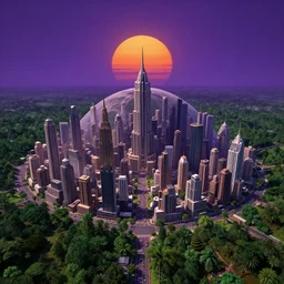 a large, domed city on an alien planet, the city is a bustling metropolis, with towering skyscrapers and busy streets, the sky is a deep purple, and the sun is a large, orange ball that hangs low in the sky, the city is surrounded by a huge, green forest.