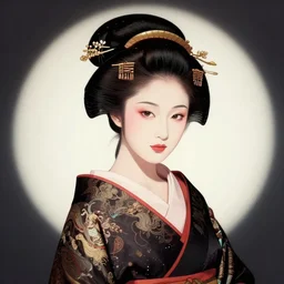 female geisha girl, beautiful face, rule of thirds, intricate outfit, spotlight, trypophobia, by greg rutkowski, by jeremy mann