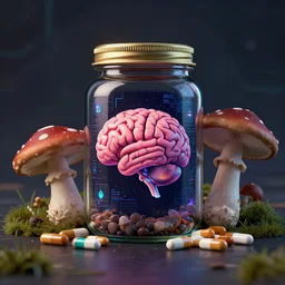 awesome logo on jar of a brain and mushroom and pills with dark techno. synthwave colours, in the style of spirited away, hyperrealism, photography, sharp focus, lush detail, award winning,