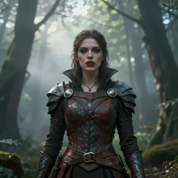 Full shot, dramatic volumetric sunlight foggy atmospheric forest canopy scenery, girl with vampire-fangs clad in modest hide leather armor, hyperdetailed, symmetrical face, Rule of Thirds, concept art, artstation, cgsociety, 8k